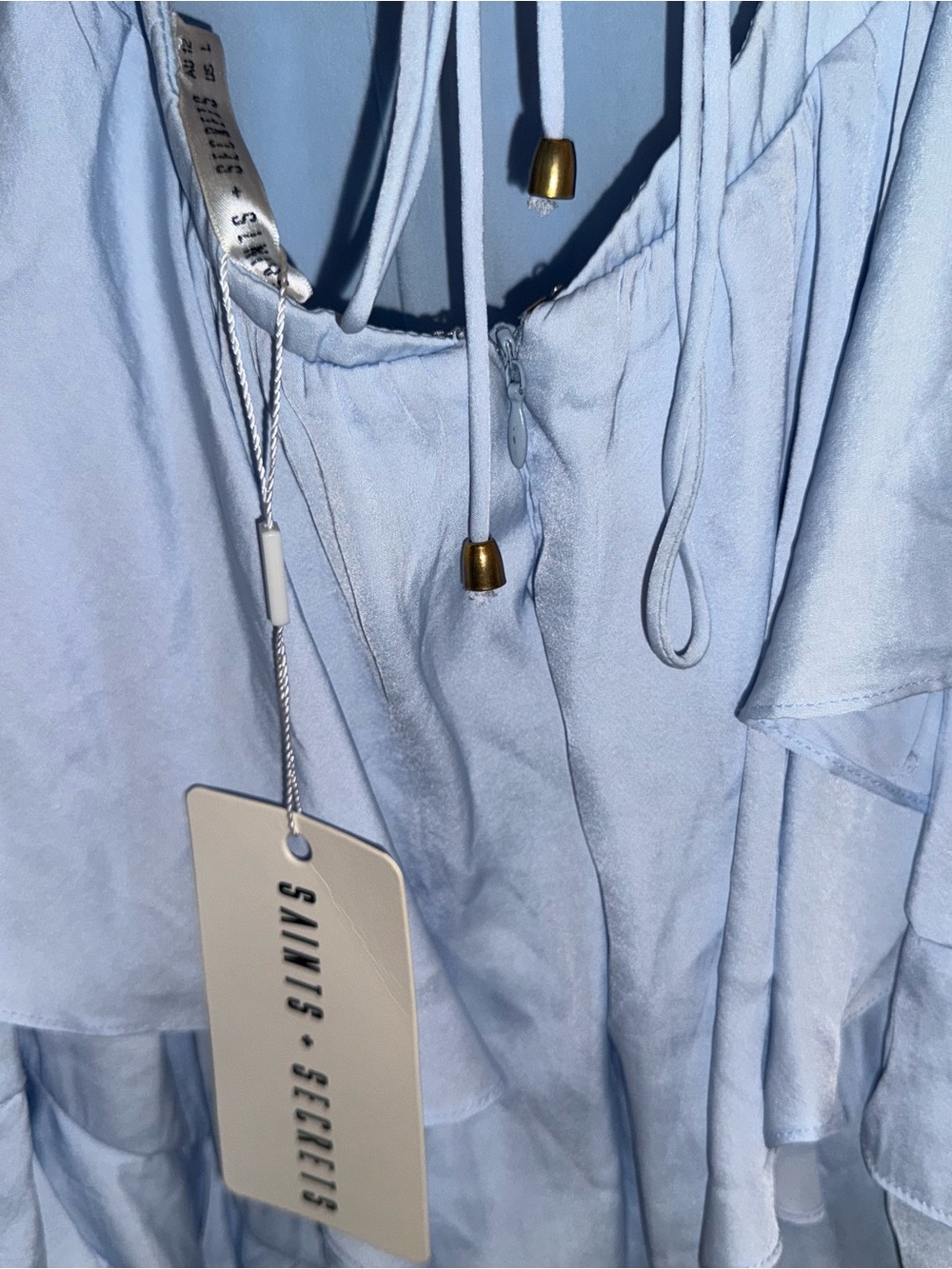 NWT SAINTS + SECRETS Powder Blue Ruffle Mini Dress with Drawstring - Picture 3 of 11